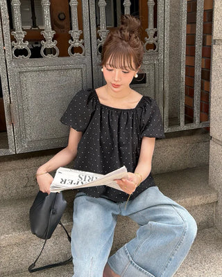 Front Ribbon Smock Gathered Blouse