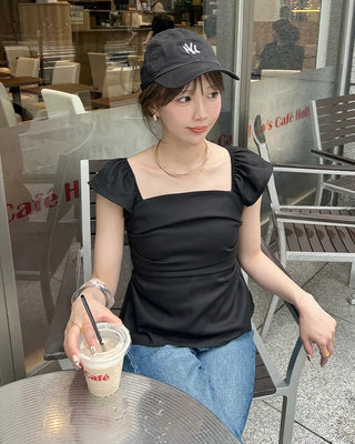 Frilled square neck shirred blouse