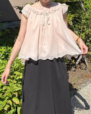 Frilled ribbon chiffon off-shoulder blouse