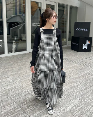 Checked belt long dress