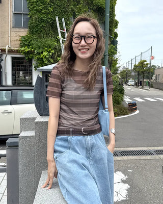 Checkered sheer short-sleeved T-shirt