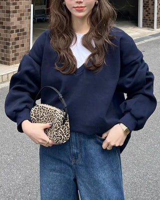 Brushed fleece deep V-neck sweatshirt