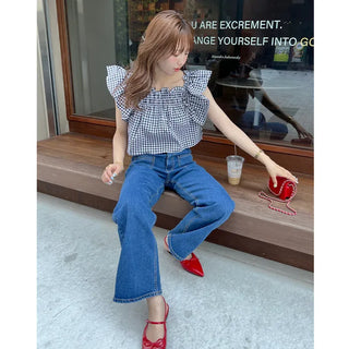Gingham check frill blouse