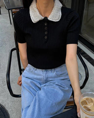 Pearl-embellished color-accented short-sleeved knit