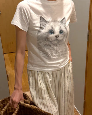 Cat print short-sleeved T-shirt
