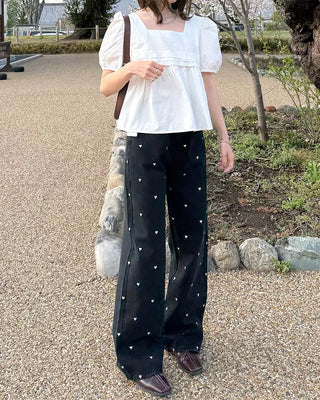 Heart-patterned denim pants