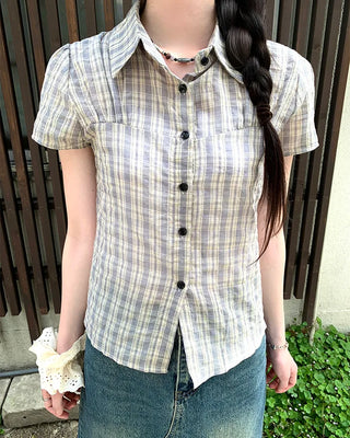 Chest Shirring Check Short-Sleeve Shirt