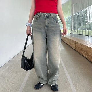 Gray wash denim wide pants