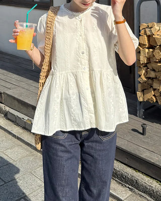Scalloped lace embroidered peplum blouse