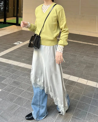 Satin lace long skirt