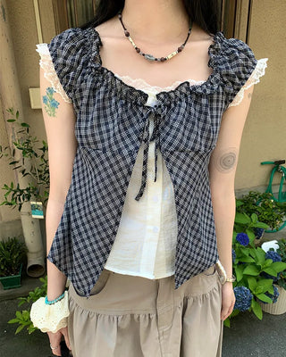 Checked layered off-shoulder blouse