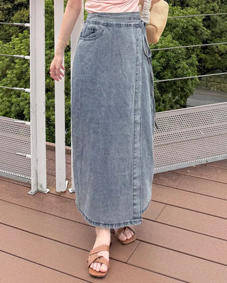 Wrap long denim skirt