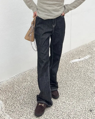Stitched black straight denim pants