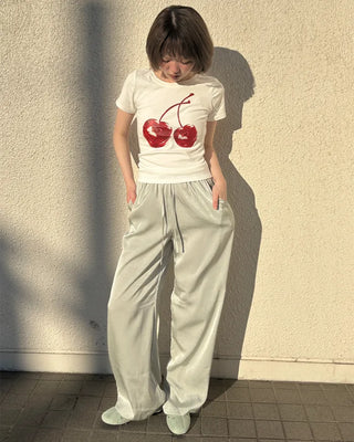 Waistband string silk wide-leg pants
