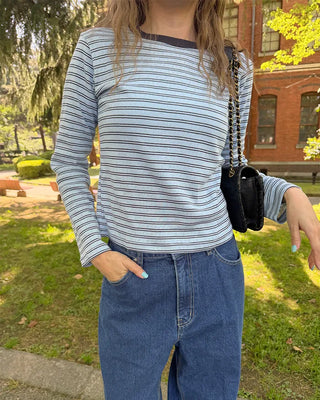 Pointelle Border Round Neck T-Shirt