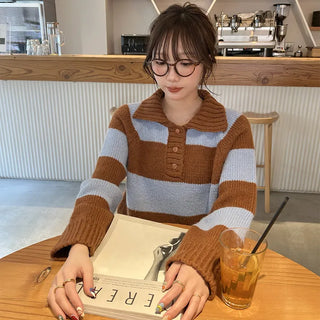 Striped button collar knit