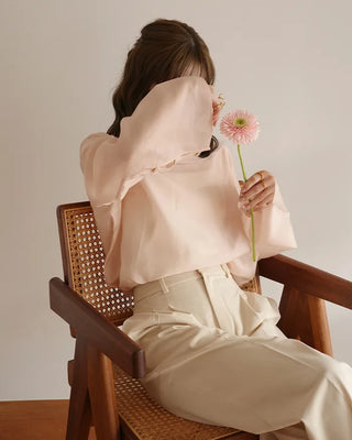 (ORIGINAL) Round Collar Button Sheer Blouse