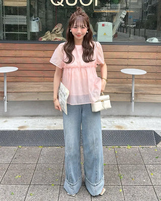 Organza ruffle balloon sleeve blouse