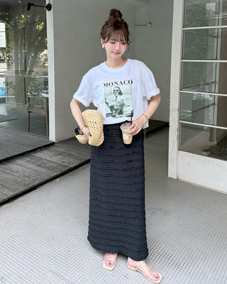 Frilled elastic waist long skirt