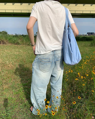 Washed denim pants with double back pockets