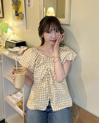 Checked Shirred V-Neck Blouse