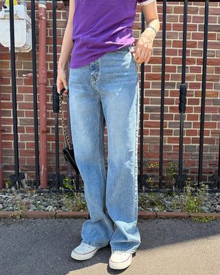 Washed straight denim pants