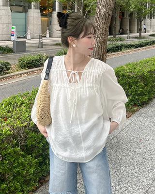 Shirred V-neck long blouse