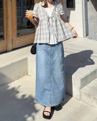 Front Ribbon Check Puff Sleeve Top