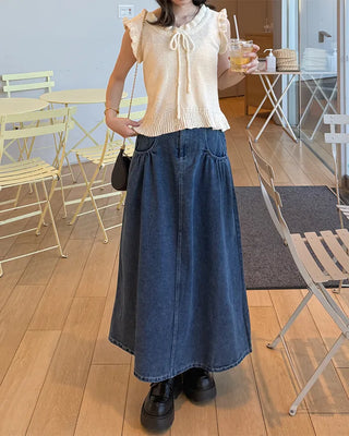 Elastic waist pocket midi denim skirt