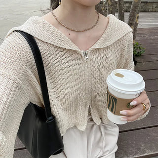 Sailor collar knit zip-up