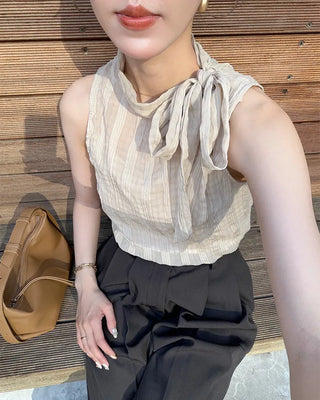 Mock neck ribbon string sleeveless