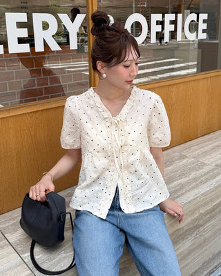V-neck polka dot pattern ruffle blouse