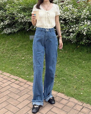 Back ribbon frill denim pants