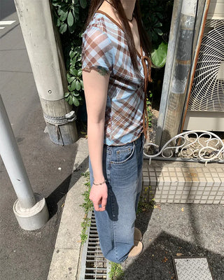 Checkered pattern cutout detail blouse