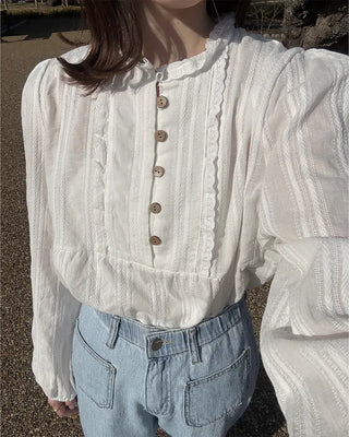 Round neck frill detail blouse