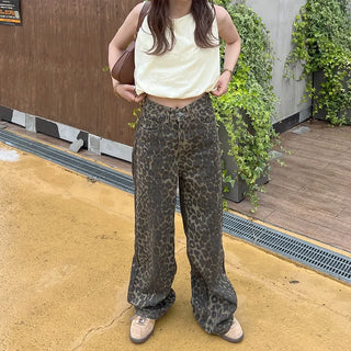Leopard print denim pants