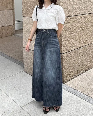 Washed denim long skirt