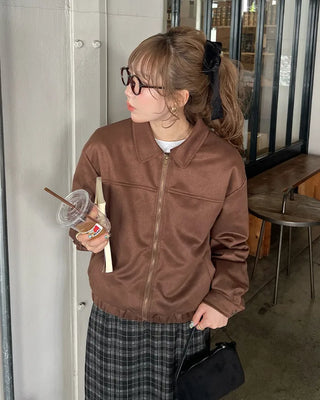 Elastic waistband colored suede jacket