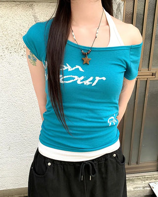 Lettering off-shoulder short-sleeved T-shirt