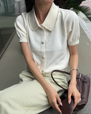 Pearl Button Short-Sleeve Colored Knit