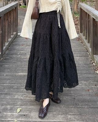 Perforated lace long skirt