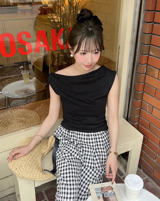 Asymmetrical Boat Neck Sleeveless T-Shirt