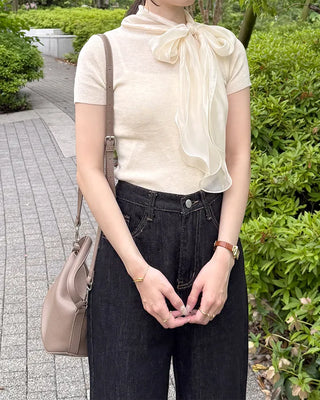 Satin ribbon short-sleeved blouse