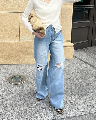 Distressed wide-fit denim pants