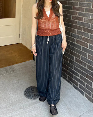 Striped wide banding pants
