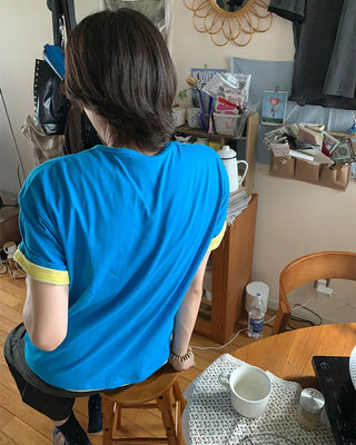 (Unisex) Two-tone layered cropped short-sleeve T-shirt