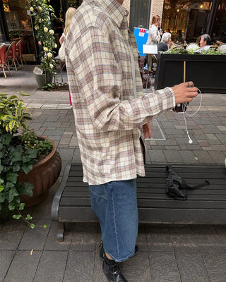 Oversized seersucker check long-sleeved shirt