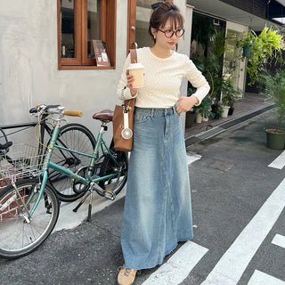 Flared long denim skirt