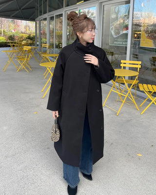 High-neck belted long coat