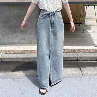 Front slit denim long skirt